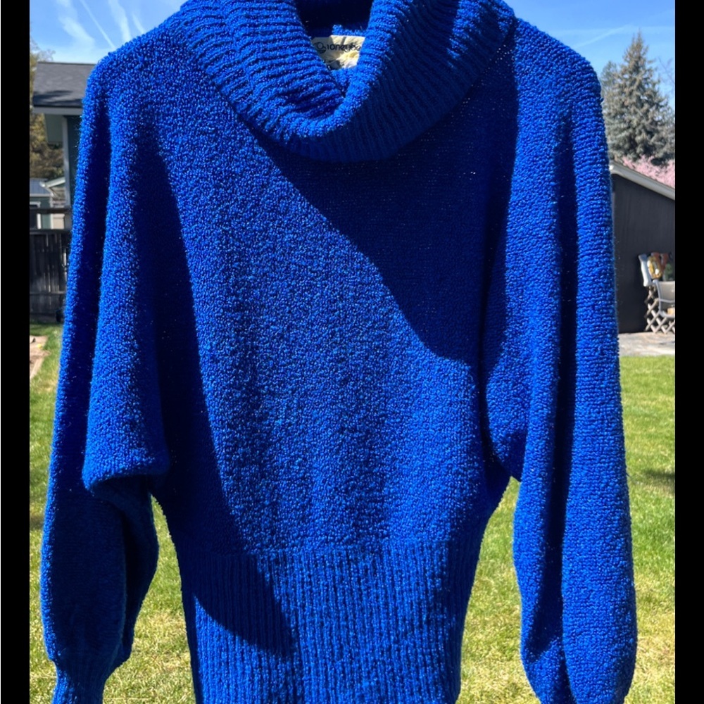 Vintage Honeybee Acrylic Boucle Sweater Blue Dolman Sleeve Cowl Turtleneck M